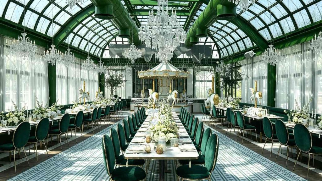 Large arched Victorian greenhouse venue, luxury glass sunroom decorated for wedding banquets with crystal chandeliers